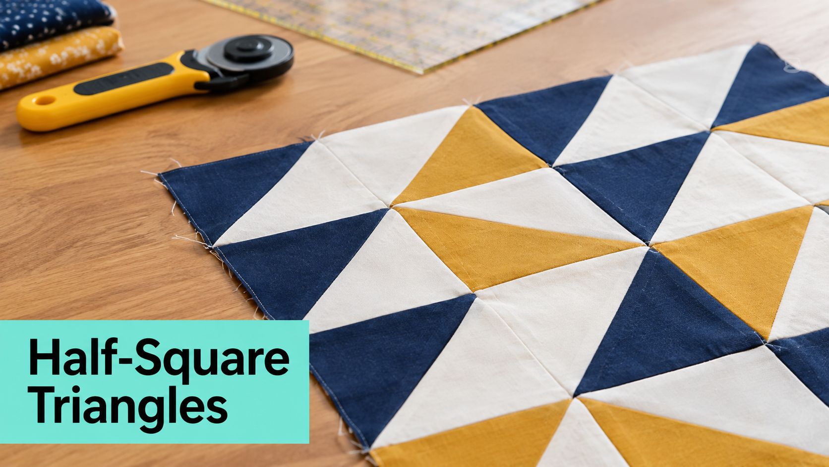 A colorful geometric patchwork quilt block made of half-square triangles lying on a wooden table.