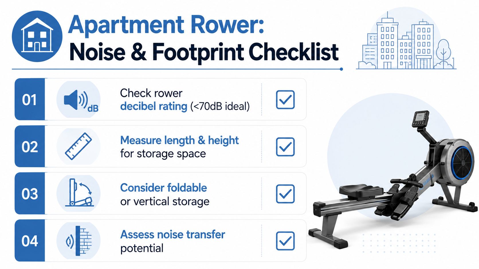 A checklist for choosing an apartment-friendly rowing machine, highlighting noise levels, dimensions, storage, and noise transfer.