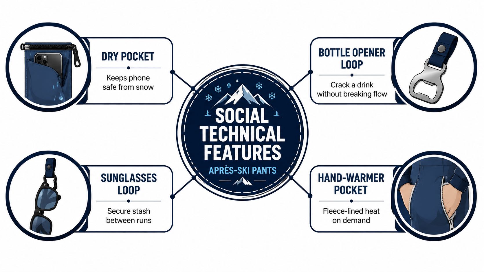 A diagram showcasing the technical features of women's après-ski pants, including a dry pocket, bottle opener, sunglasses loop, and hand-warmers.