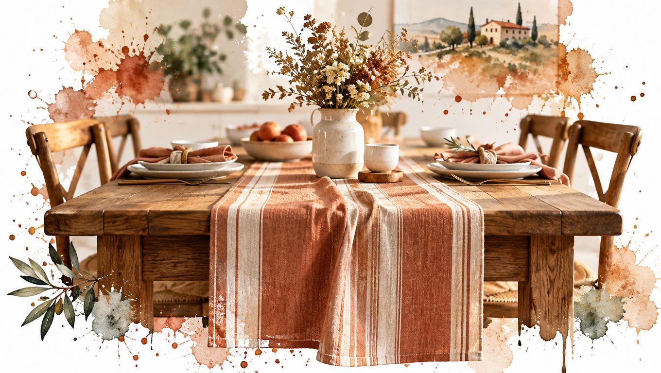 A rustic dining table set with a striped runner, plates, napkins, and a flower vase centerpiece.
