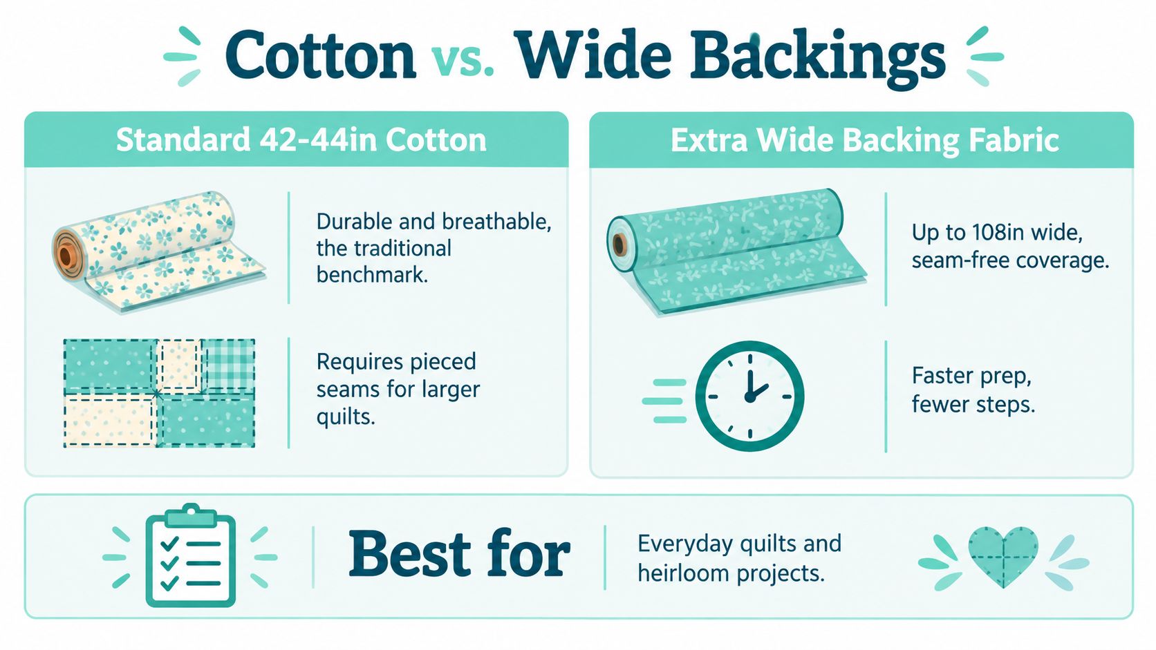 A comparison infographic between standard 42-44 inch cotton and 108-inch extra wide quilt backing fabric.