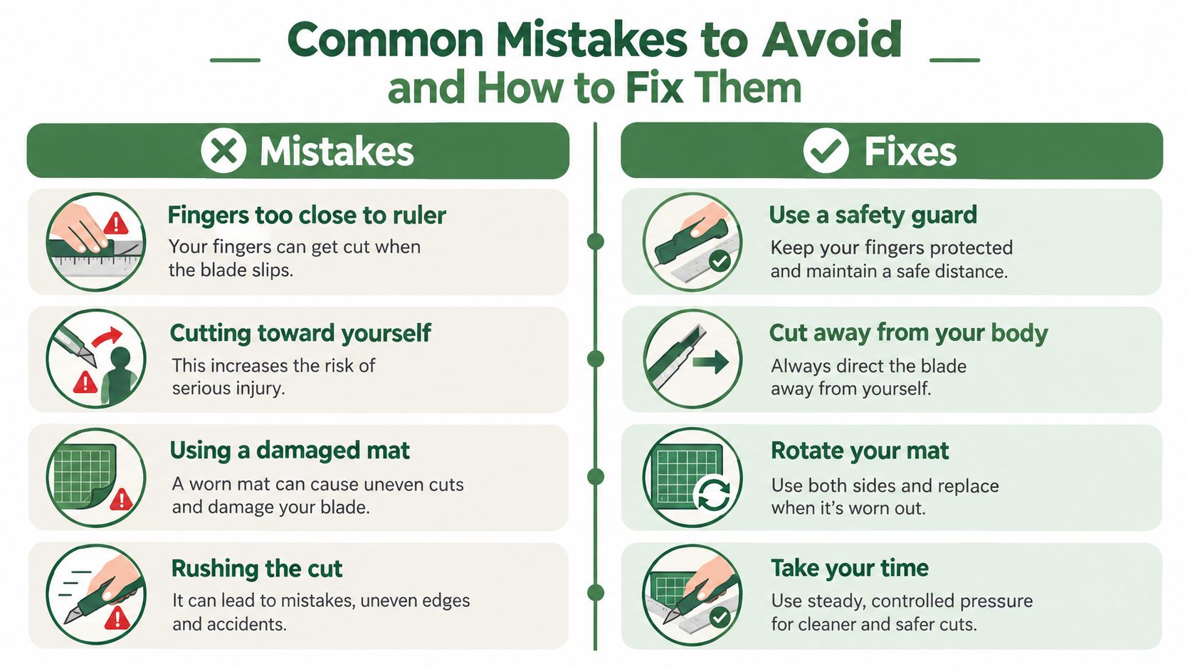 A safety infographic illustrating common cutting mistakes and their corrective actions for using a utility knife.