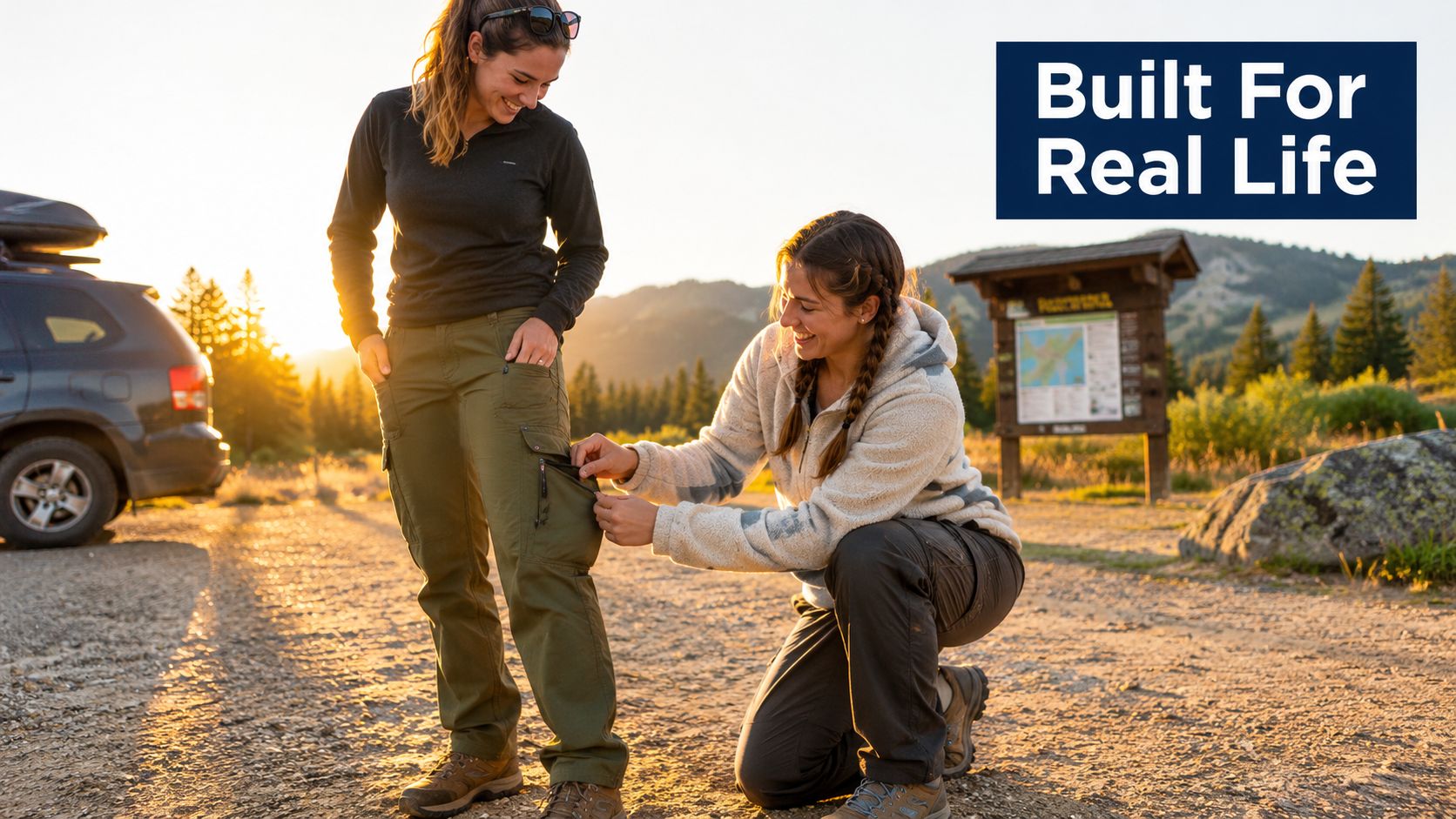 Two women outdoors at sunset testing the utility pocket features on a pair of green adventure pants.
