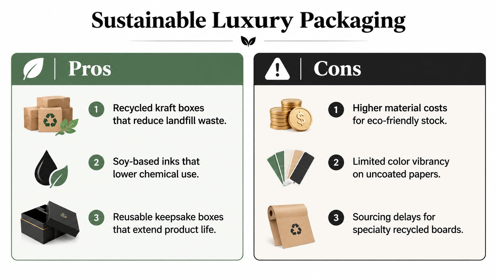 An infographic titled Sustainable Luxury Packaging comparing the pros and cons of using eco-friendly materials.