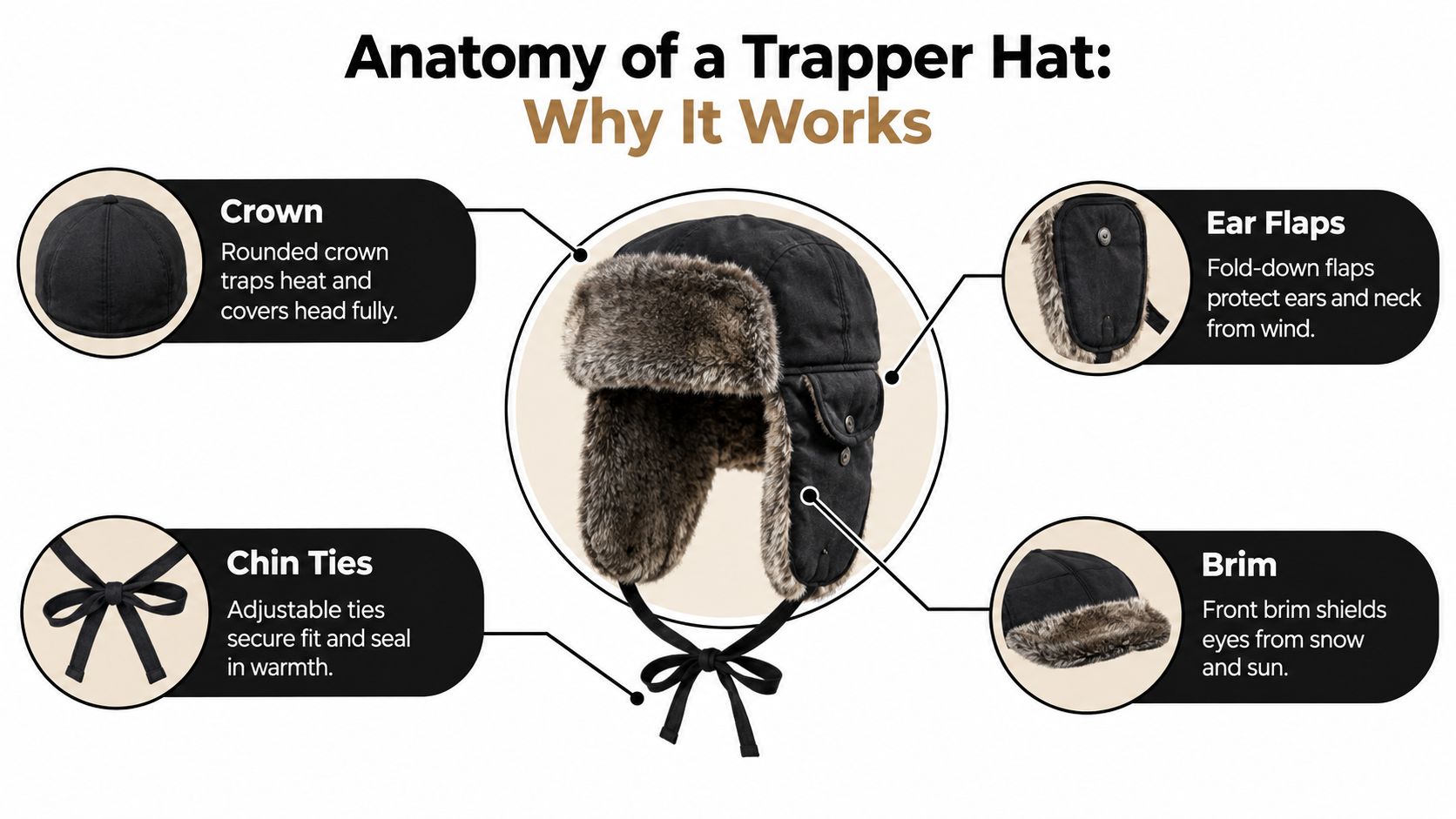 A diagram labeled Anatomy of a Trapper Hat showing its features: crown, ear flaps, chin ties, and brim.
