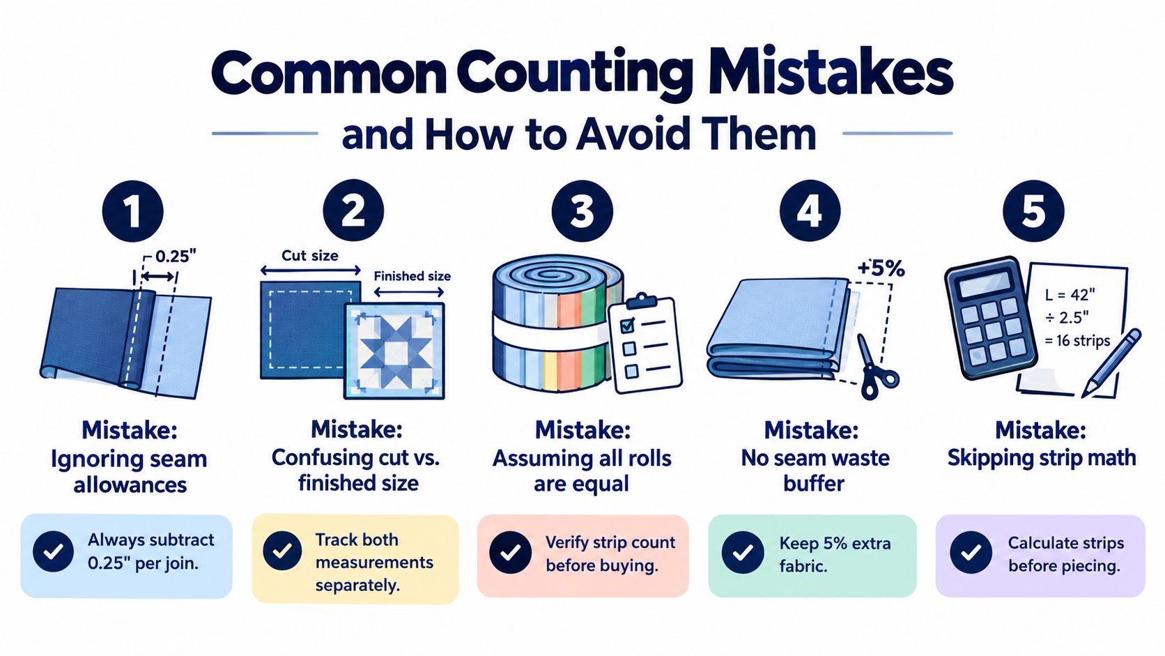 A five-step infographic showing common quilting counting mistakes and tips to avoid them while buying fabric.