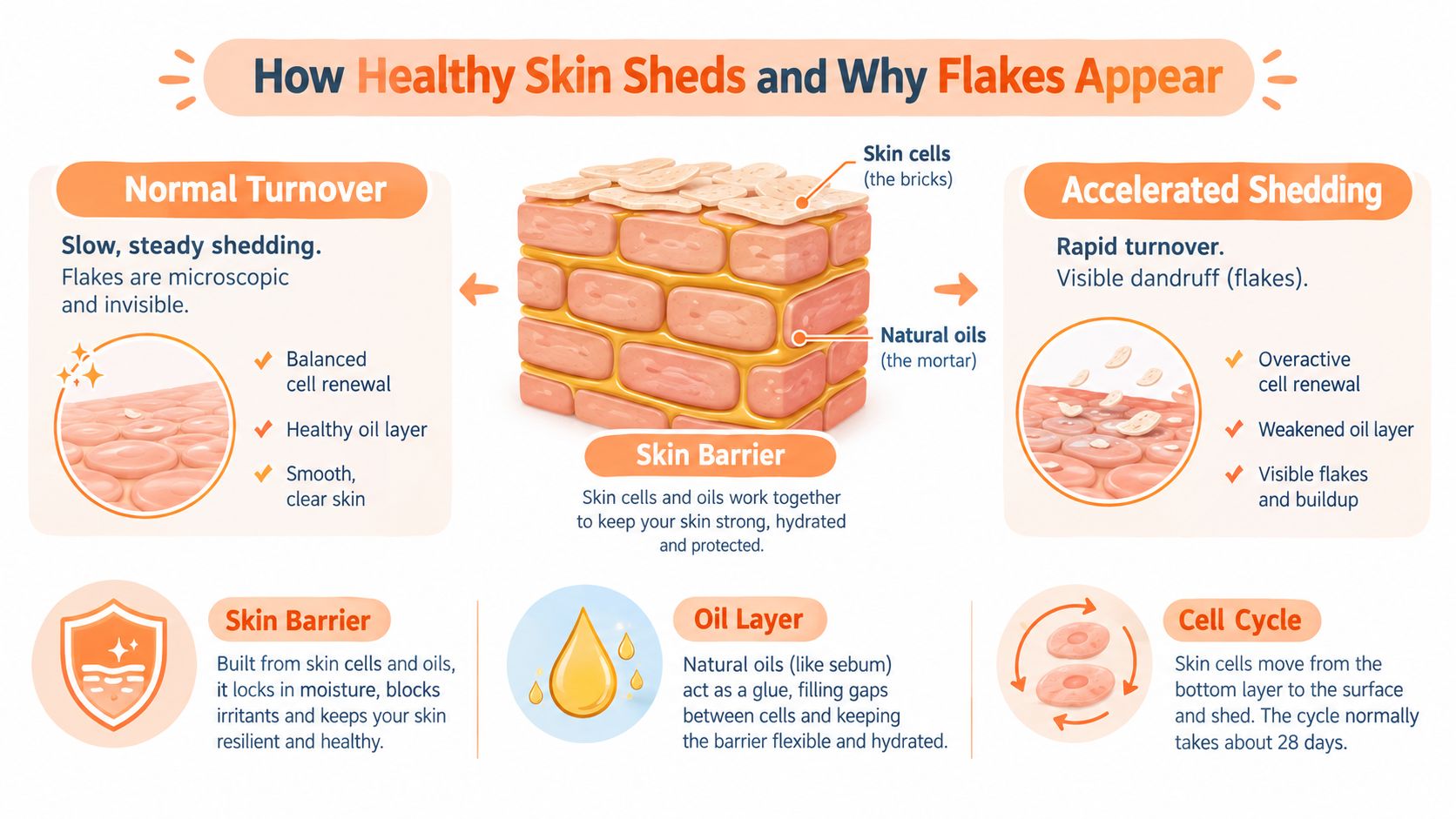 A diagram illustrating how healthy skin sheds naturally and why visible dandruff flakes appear on the scalp.