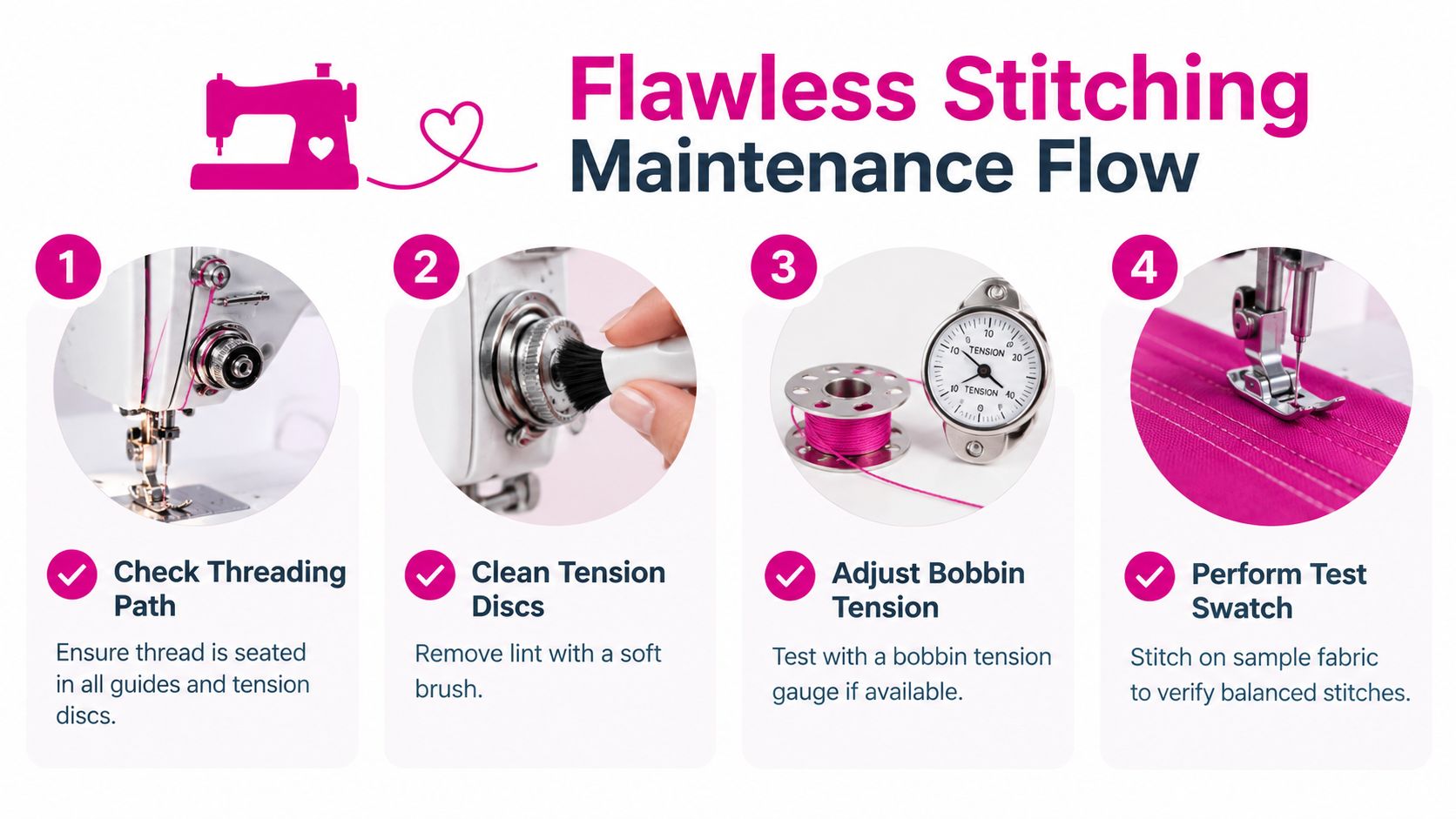 A four-step infographic showing how to maintain a sewing machine for flawless longarm quilting thread stitches.