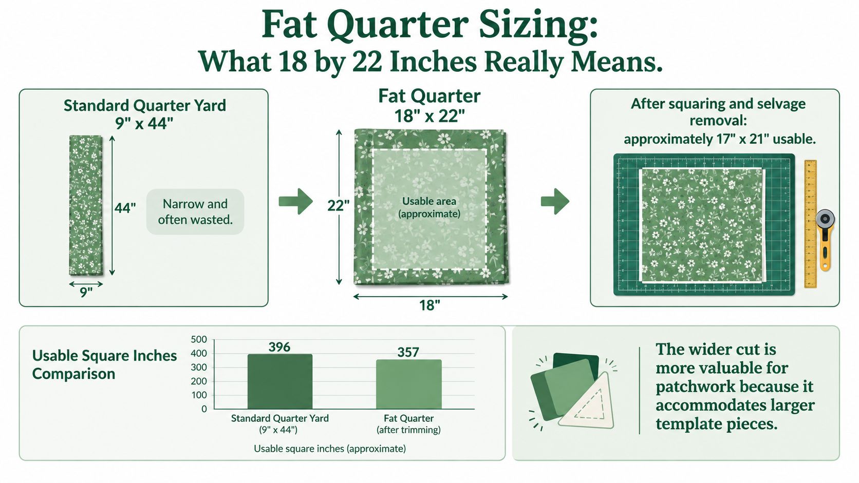 An infographic showing the size difference between a standard quarter yard of fabric and a fat quarter.