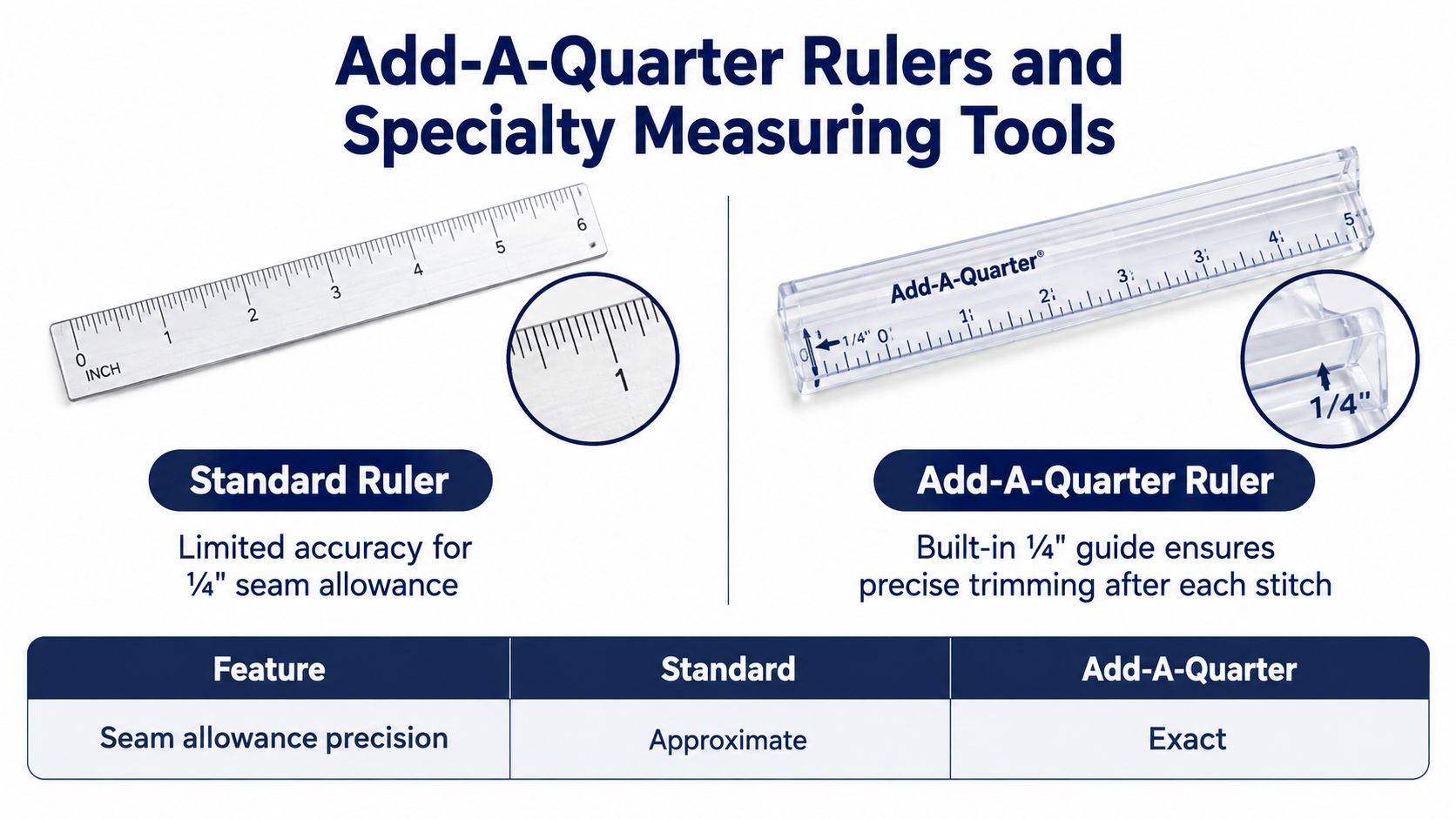 A comparison graphic showing a standard ruler and an Add-A-Quarter ruler for quilting projects.