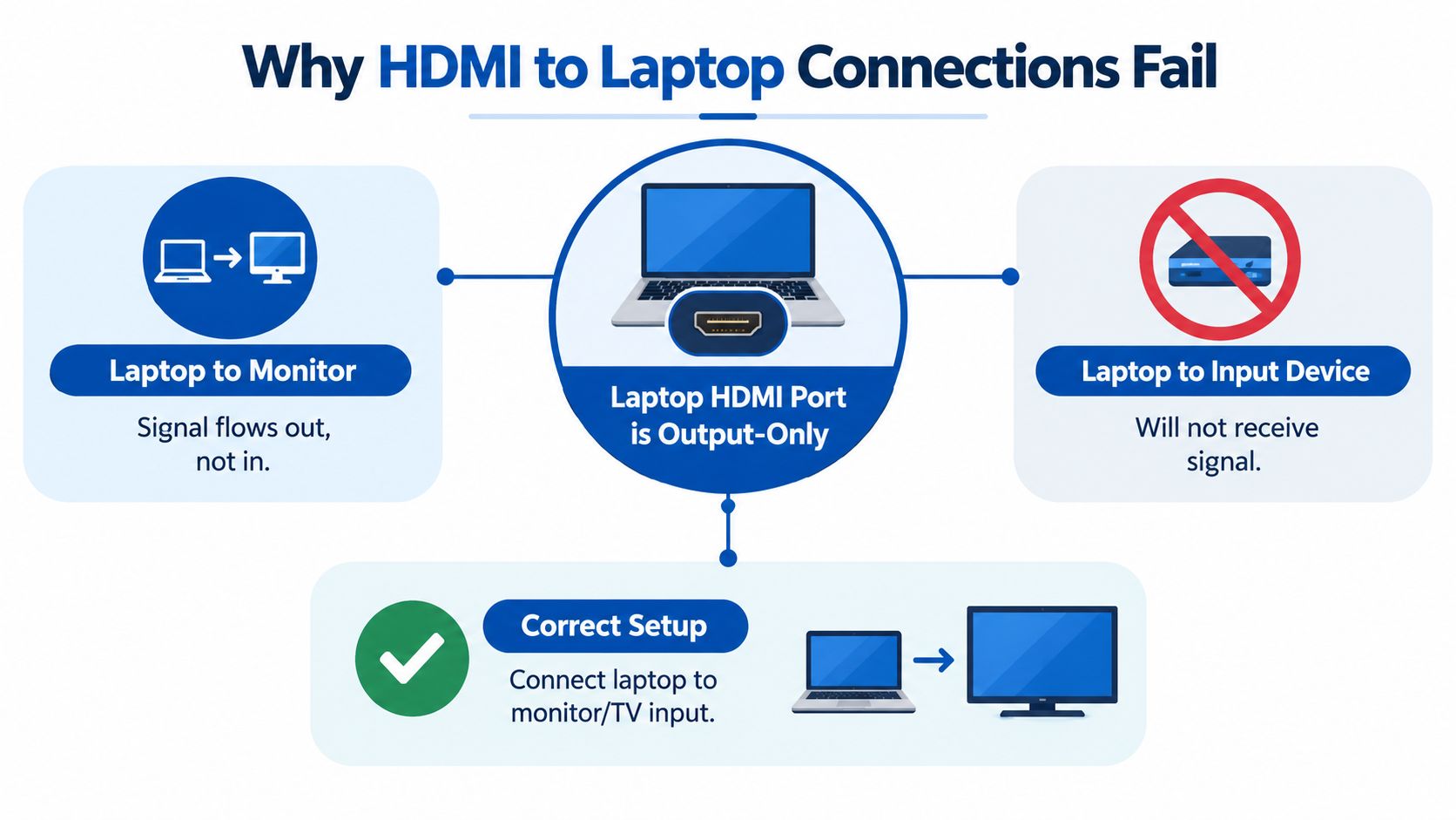 A diagram explaining that laptop HDMI ports are output-only, preventing signal input from other external devices.