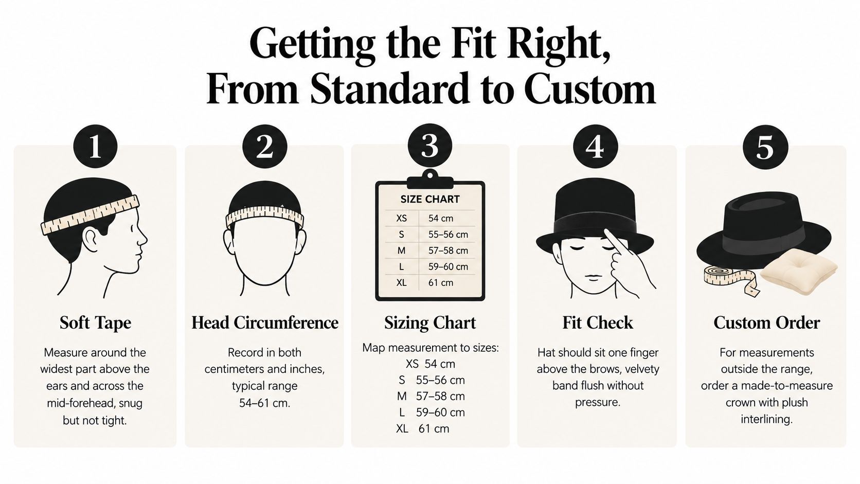 An infographic showing five steps for measuring and selecting the right fit for a custom hat.