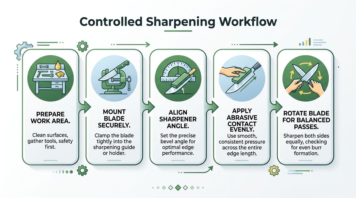 A step-by-step infographic illustrating the professional controlled sharpening workflow for kitchen knife blades and tools.