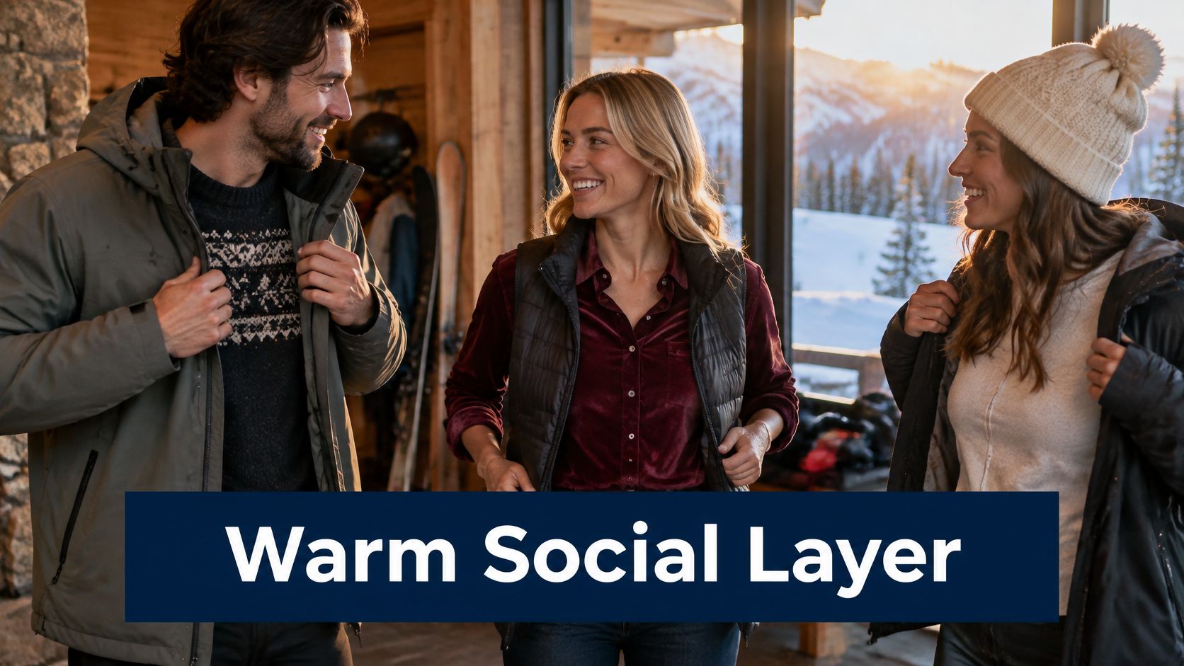 A group of friends laughing and talking together while wearing warm winter clothing inside a mountain lodge.