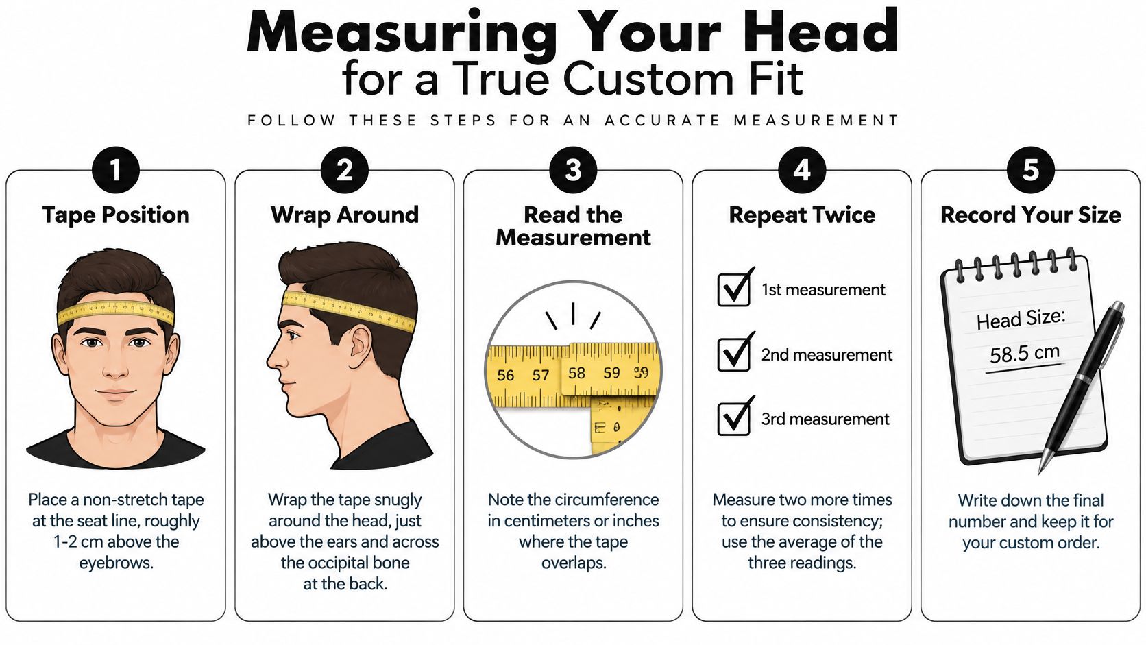 A five-step instructional guide on how to accurately measure your head circumference for a custom fit hat.