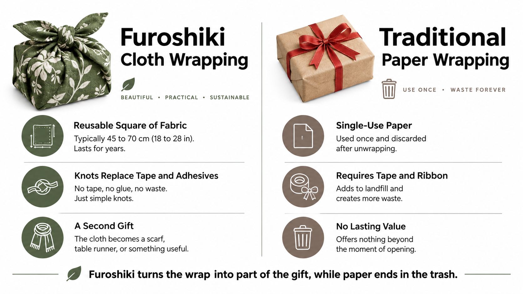 A comparison graphic between eco-friendly Furoshiki cloth gift wrapping and traditional disposable paper gift wrapping.