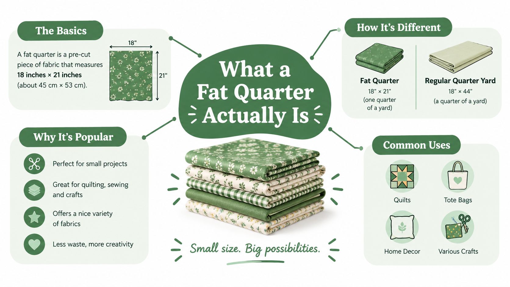 An infographic explaining what a fat quarter of fabric is, its dimensions, and common sewing uses.