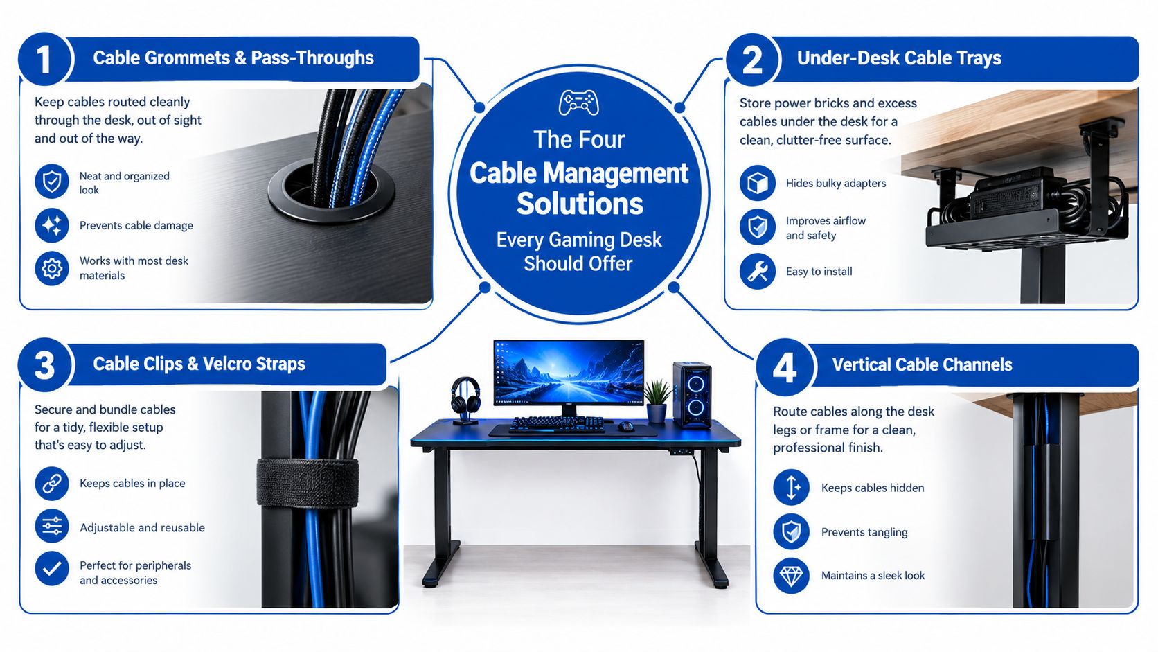 A diagram illustrating four essential cable management solutions for a modern gaming desk setup.