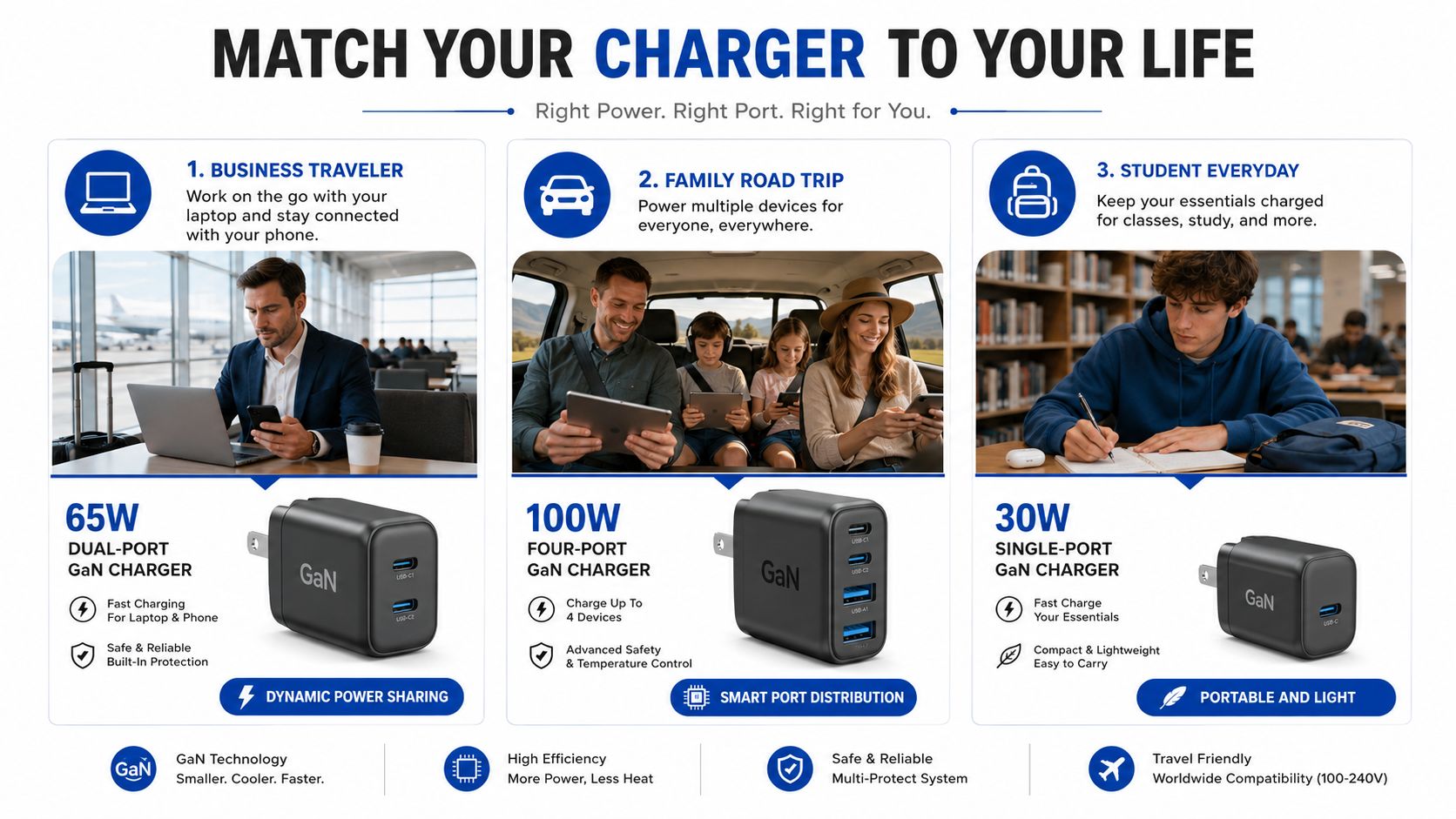 A product infographic comparing three different GaN chargers suited for business travelers, families, and students.