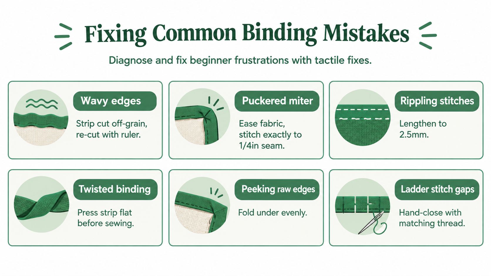 An infographic detailing common quilting binding mistakes like wavy edges, puckered miters, and twisted binding with fixes.