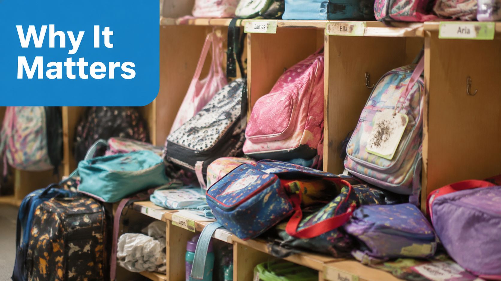 A row of colorful children's backpacks and lunchboxes stored in wooden cubbies at a school or daycare.