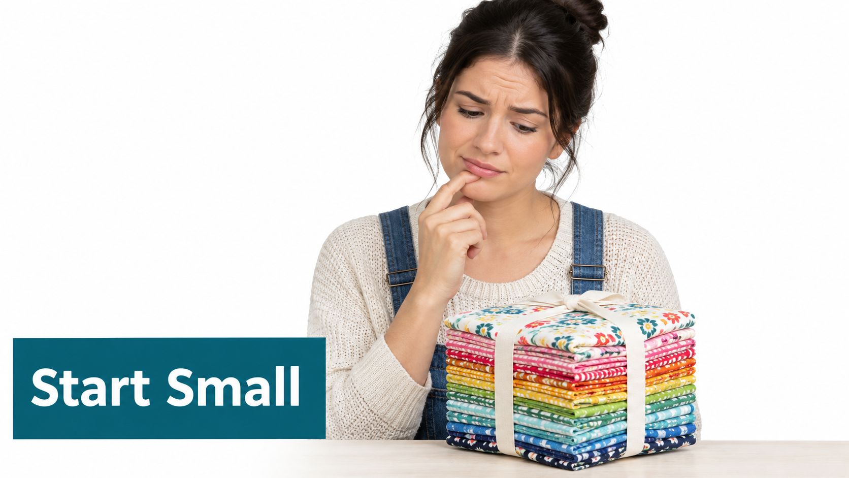 A woman looks thoughtfully at a neatly folded stack of colorful fat eighths fabric bundles on a table.