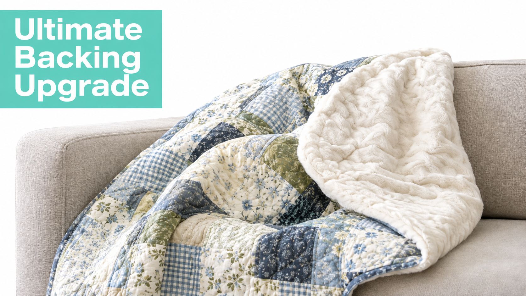 A colorful floral and checkered patchwork quilt draped over a beige sofa with a soft white plush backing.