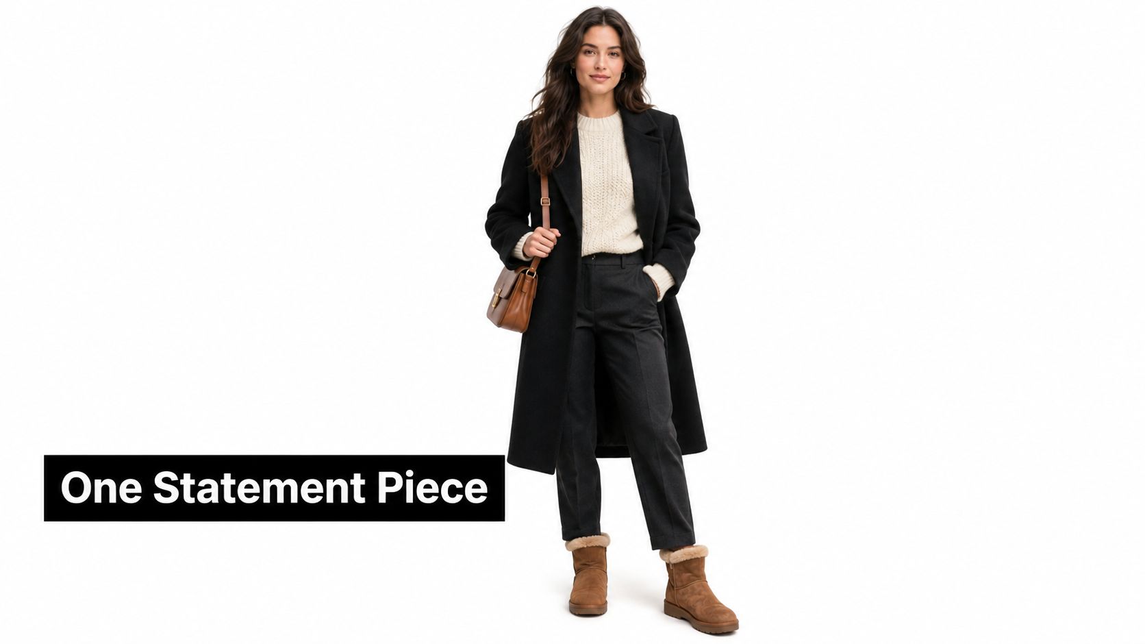 A woman wearing a long black coat, cream sweater, dark trousers, and brown fur-lined boots.