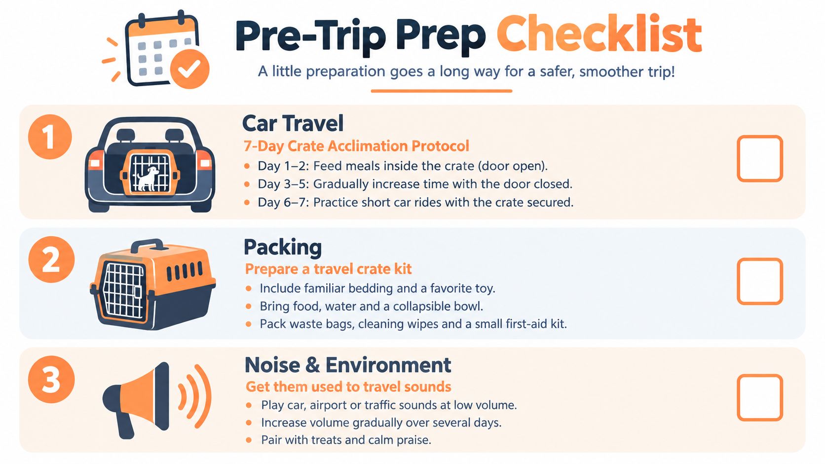 A three-step pre-trip preparation checklist for safely traveling with pets including car acclimation, packing, and noise desensitization.