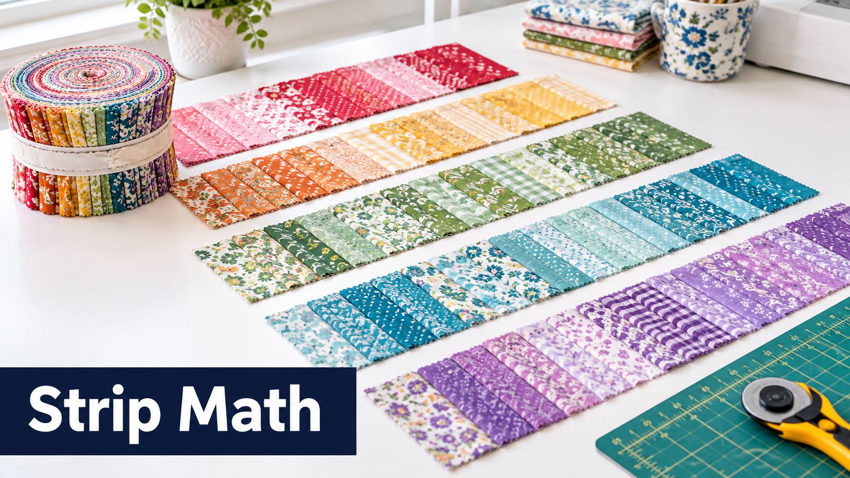 A colorful jelly roll fabric bundle and precut fabric strips arranged on a table for quilting.