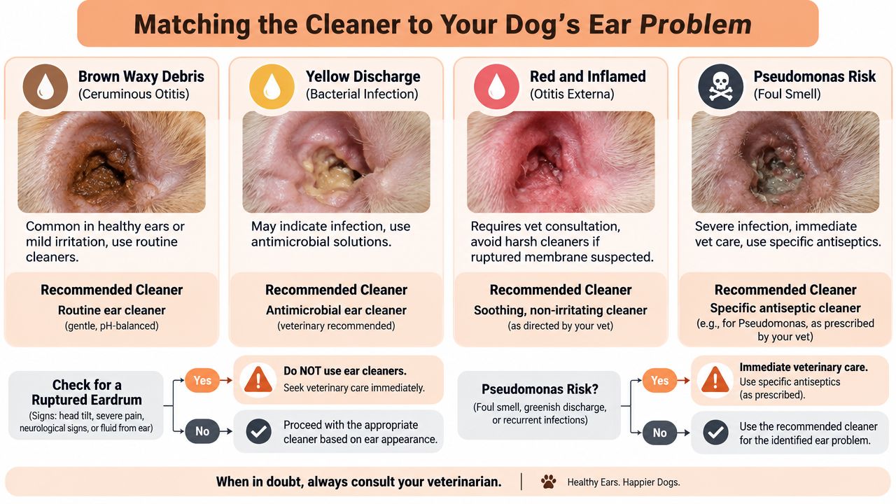 An infographic guide explaining how to choose the right dog ear cleaner based on common ear problems.
