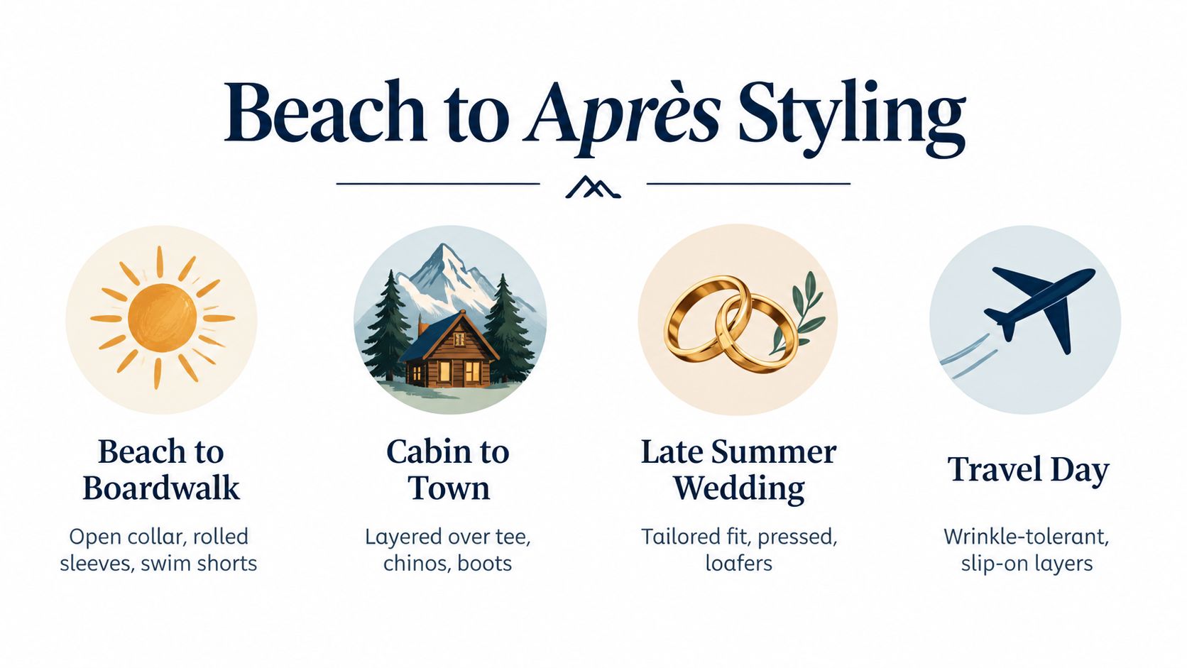 A styling guide showing how to wear linen shirts for beach, cabin, wedding, and travel occasions.