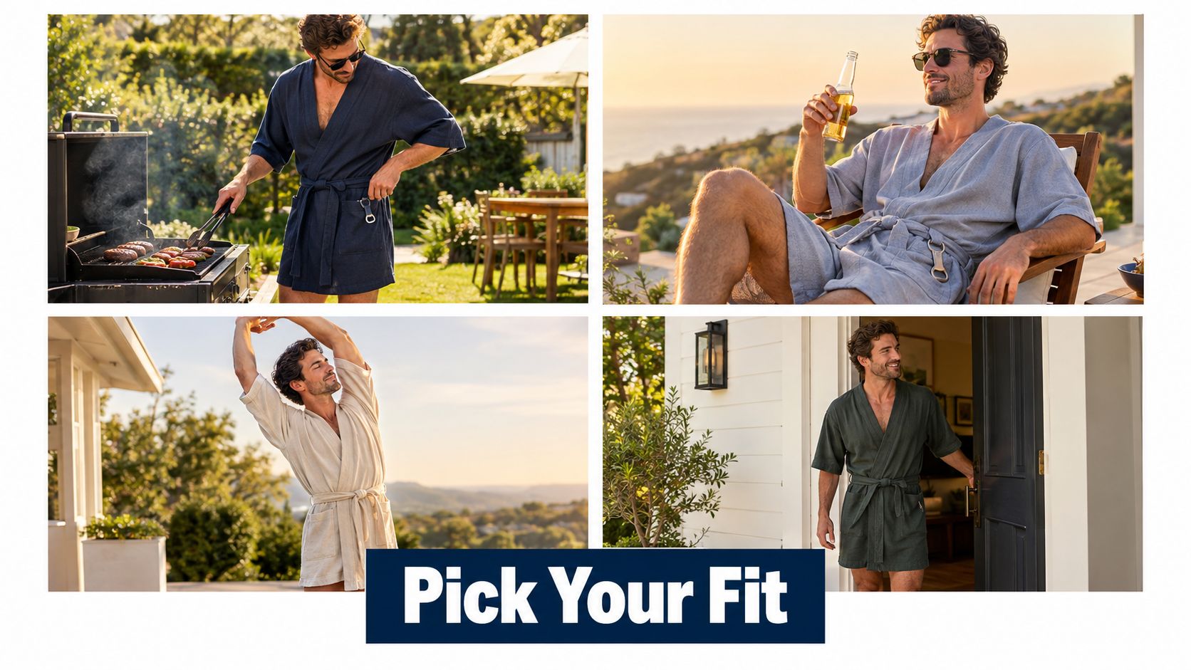 A collage showing a man modeling different colors of short men's bathrobes in outdoor lifestyle settings.