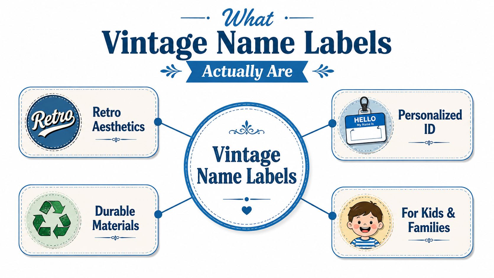 A diagram illustrating the key features of vintage name labels including aesthetics, durability, personalization, and family use.