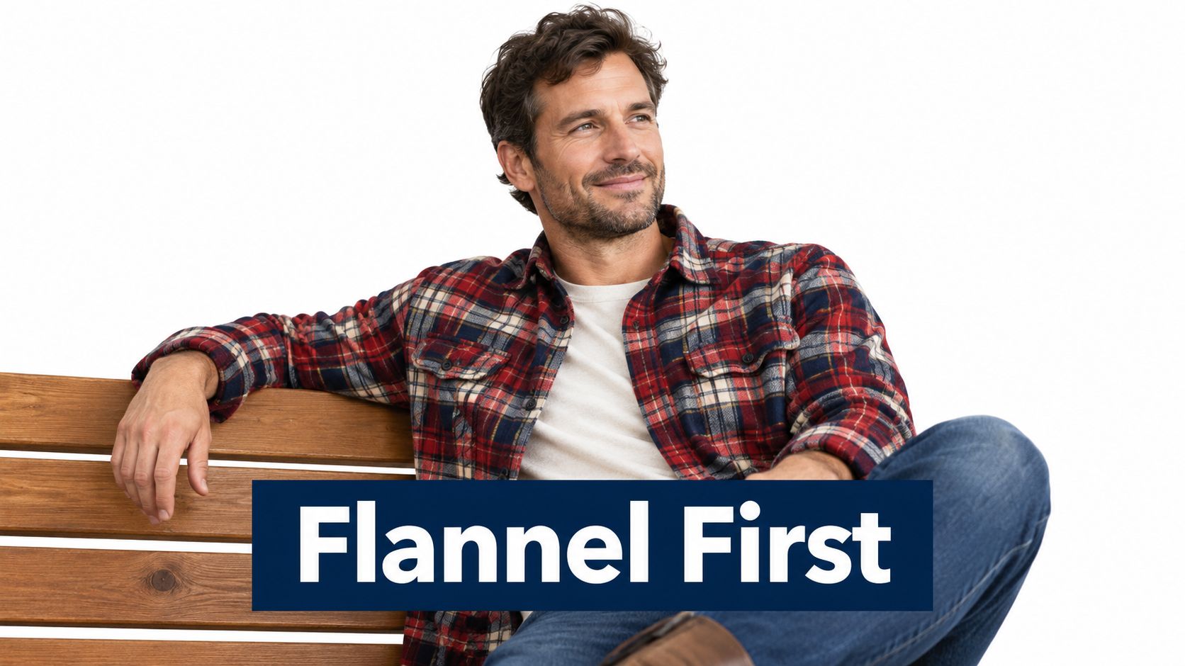 A handsome man wearing a red plaid flannel shirt smiling while sitting on a wooden bench.