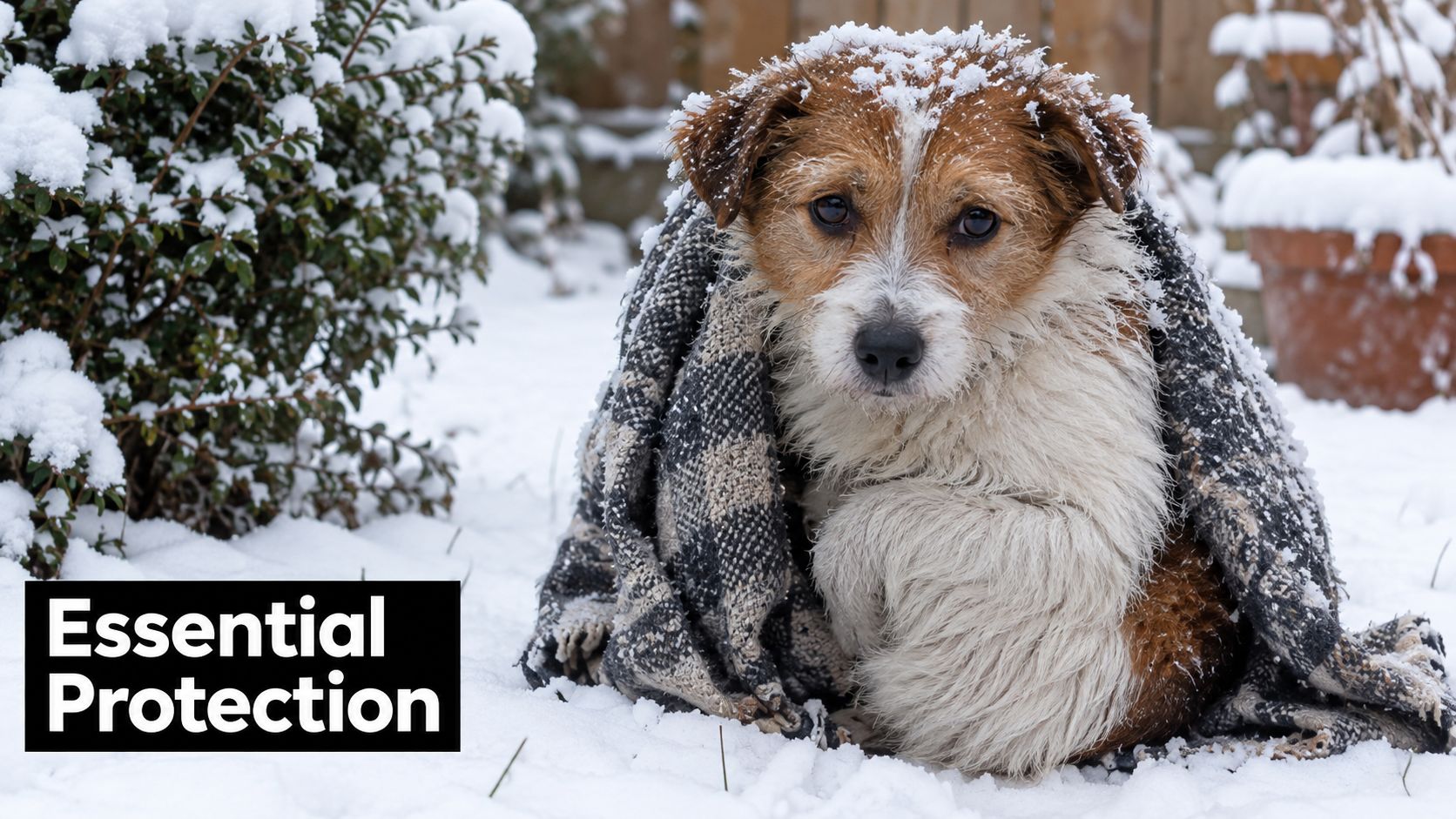 A small scruffy dog sits in the snow wrapped in a warm patterned blanket for protection.