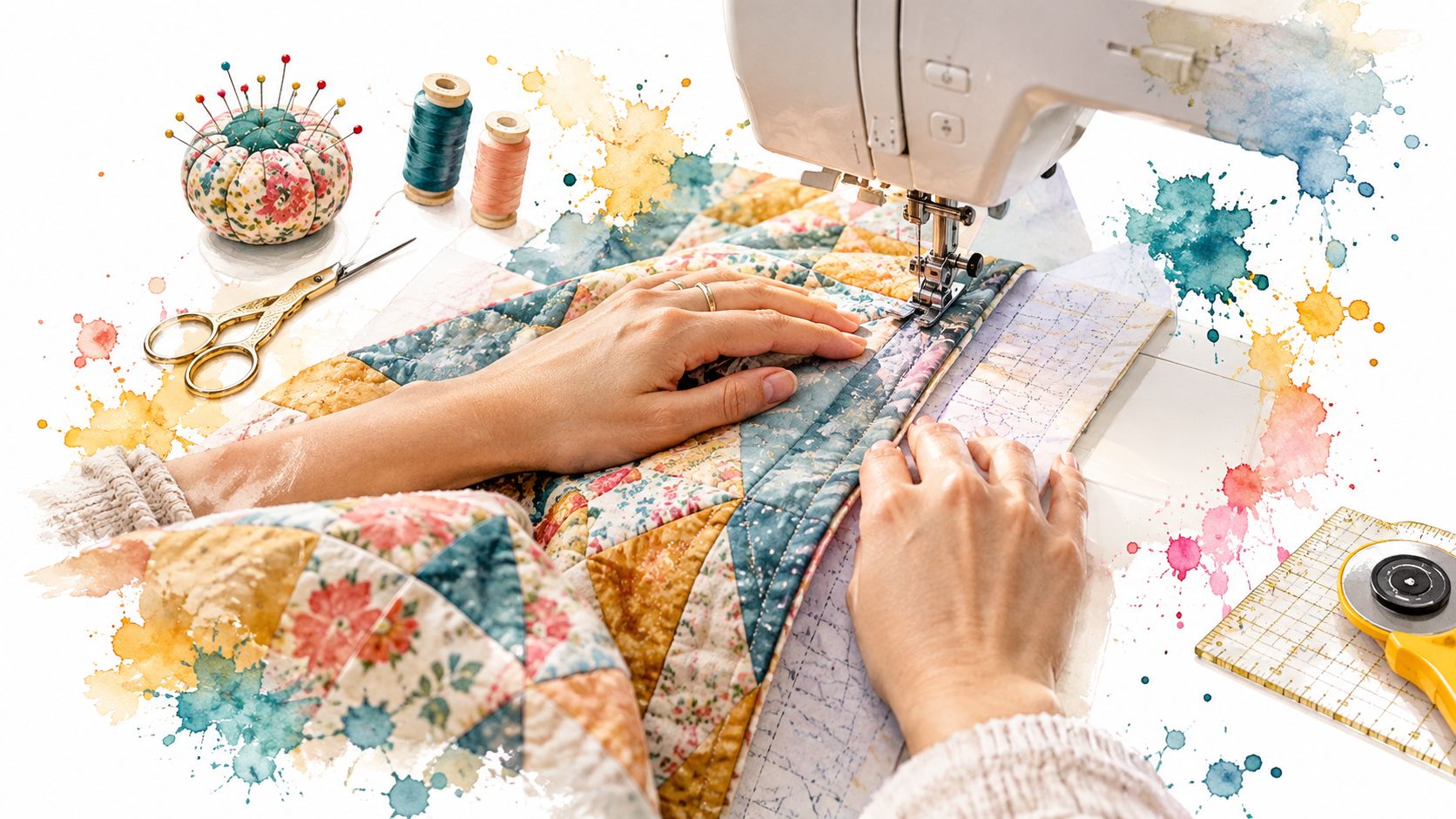 A close-up view of hands using a sewing machine for a foundation paper piecing quilt project.