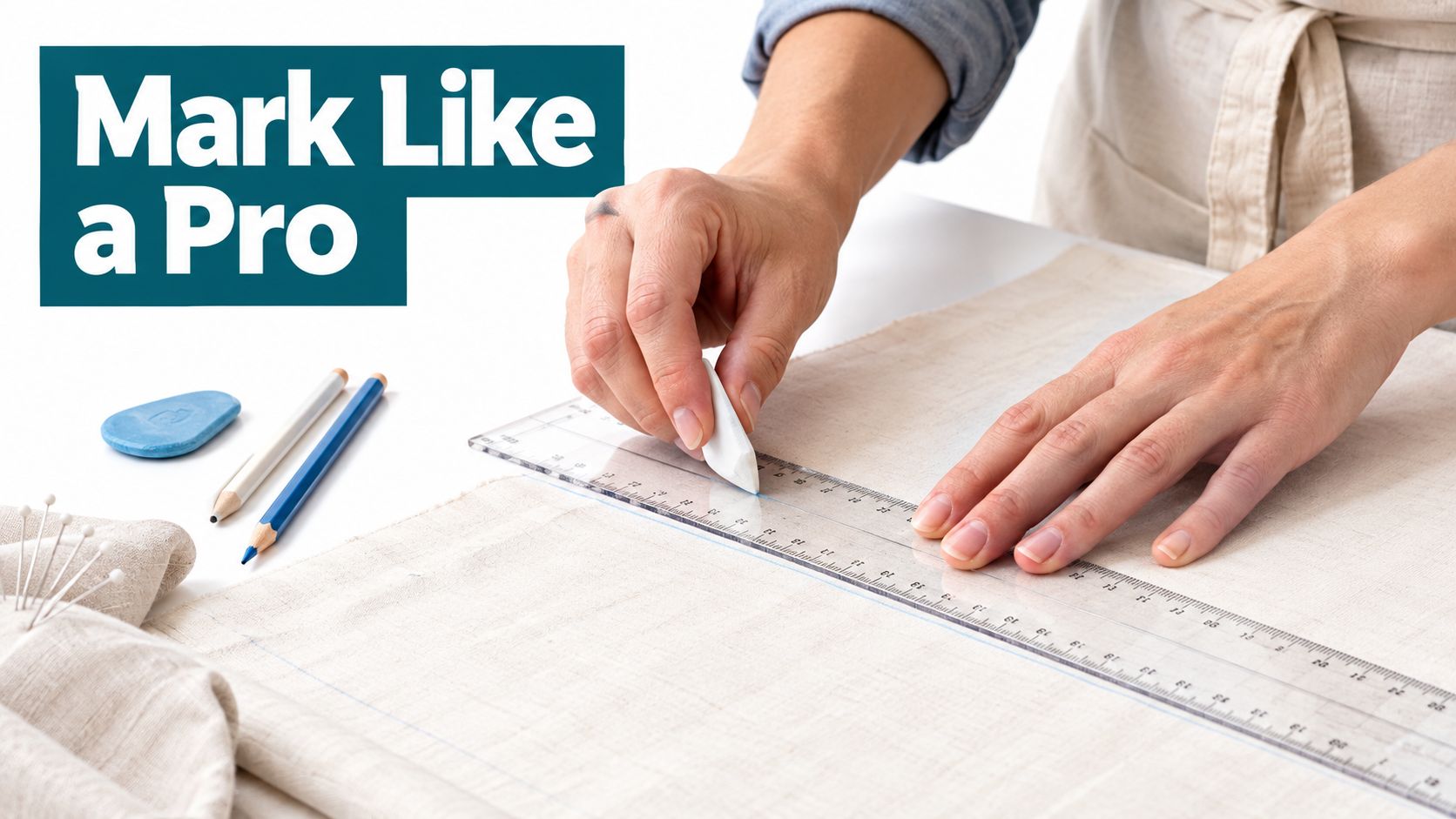 A pair of hands using a white chalk marker and a clear ruler to draw lines on fabric.