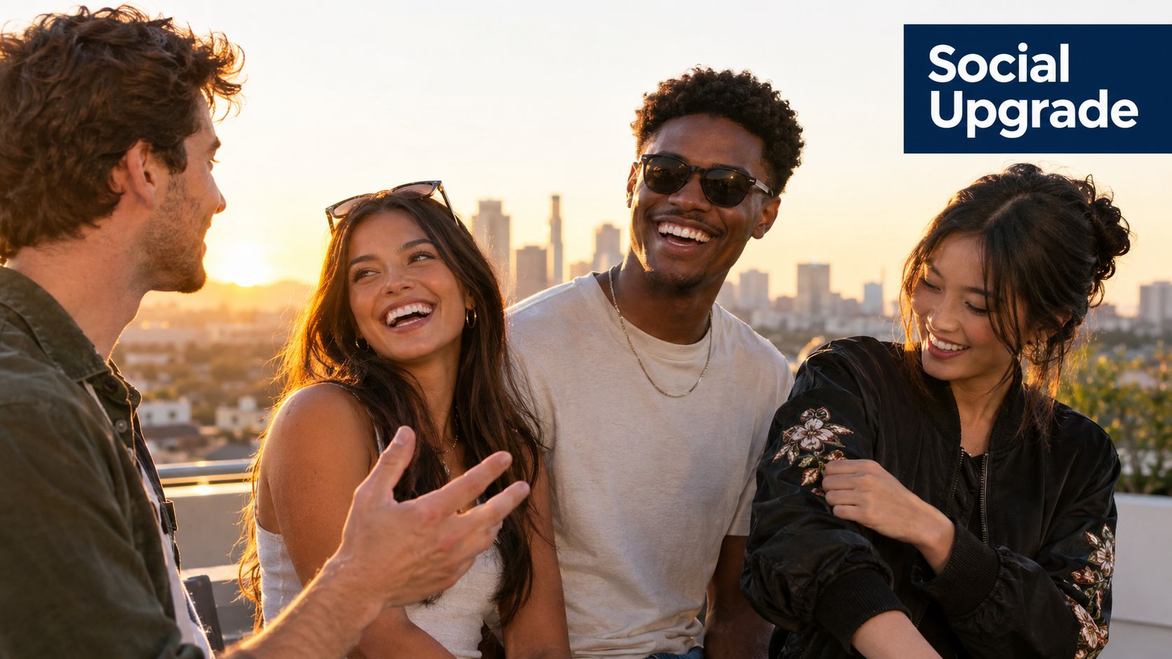 A group of happy young multi-ethnic friends laughing together on a rooftop during a sunny sunset.
