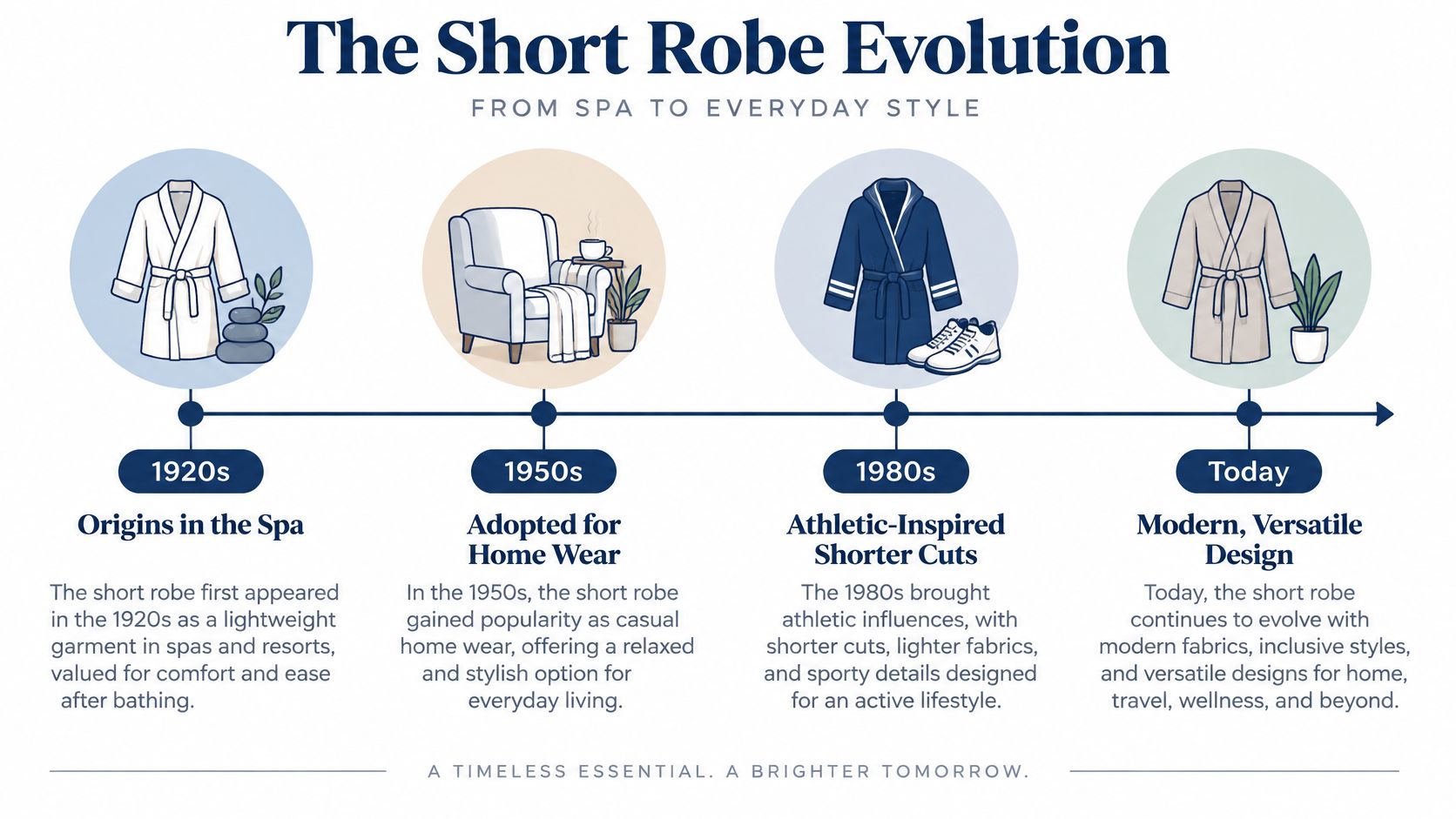 A timeline graphic showing the evolution of the short robe from the 1920s to present day.
