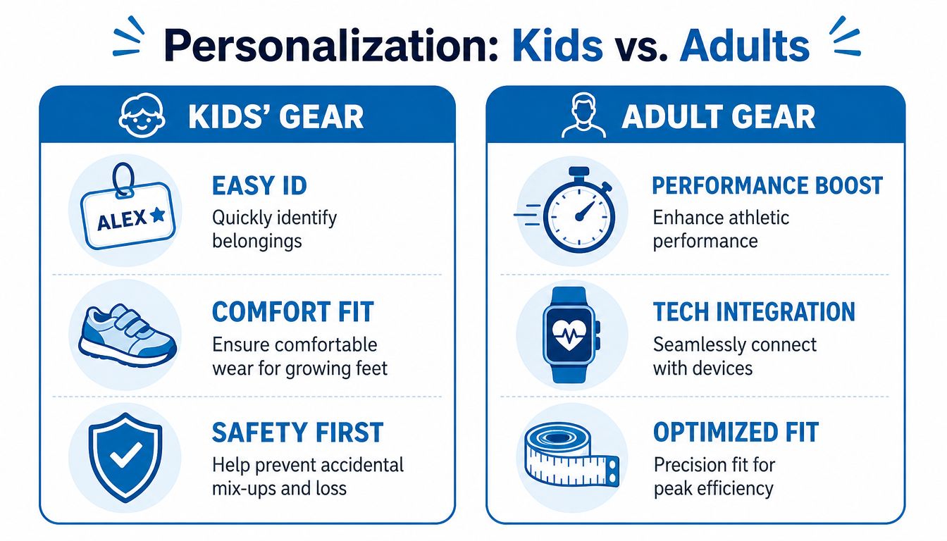 A comparison chart showing personalized running gear features for kids versus adults with labeled icons.