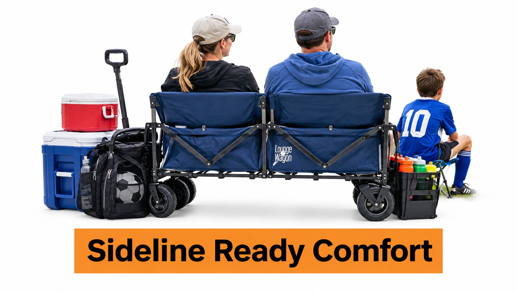 A family of three sitting on a portable blue Lounge Wagon folding bench with gear.