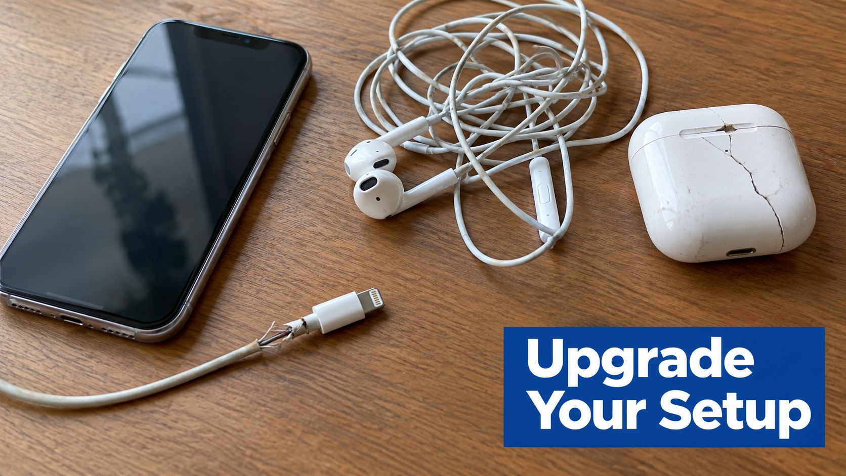 A smartphone, wired earphones, and a damaged AirPods case lying on a wooden desk surface.