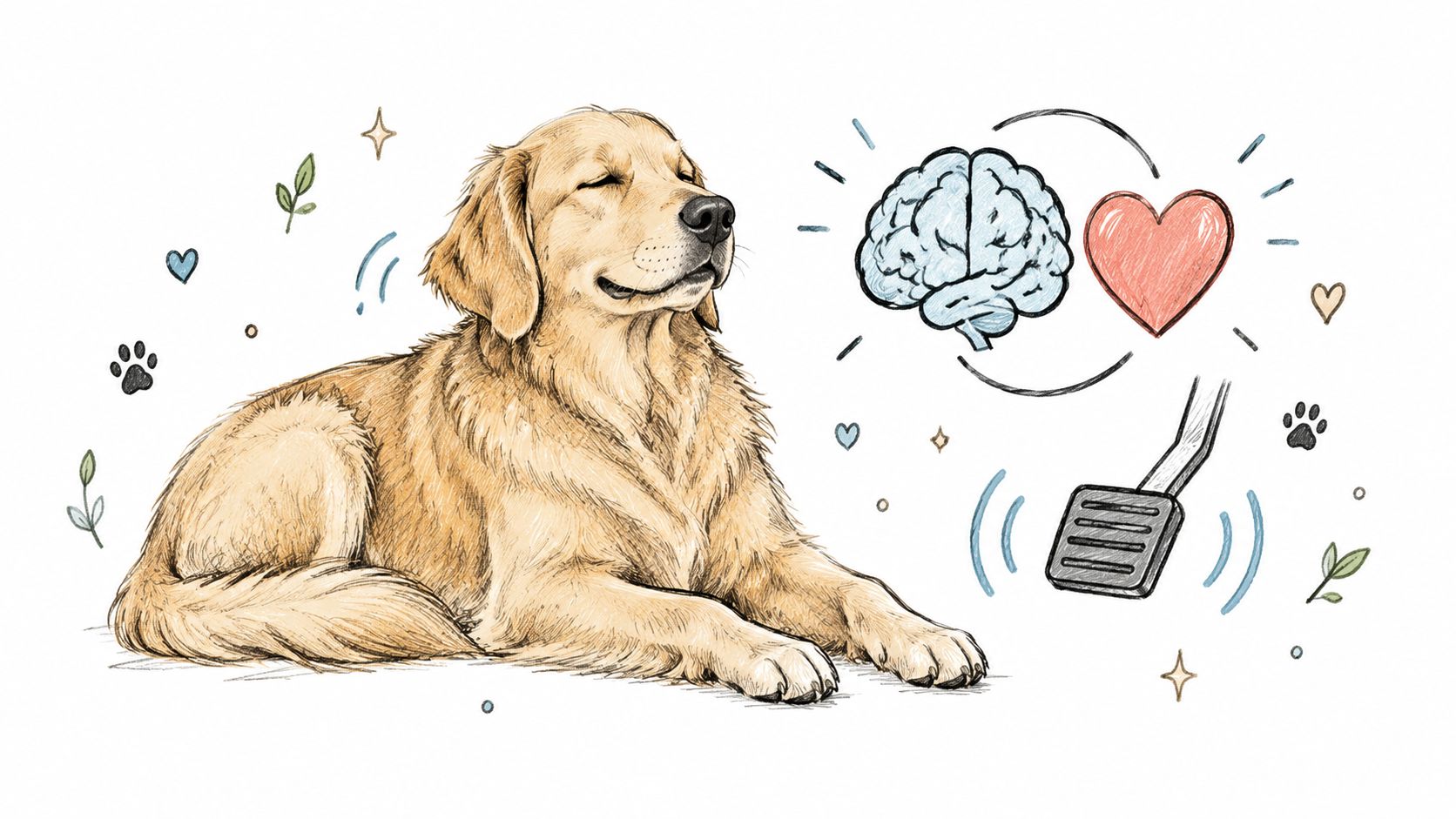 A gentle drawing of a calm golden retriever dog representing the balance between brain and heart health.