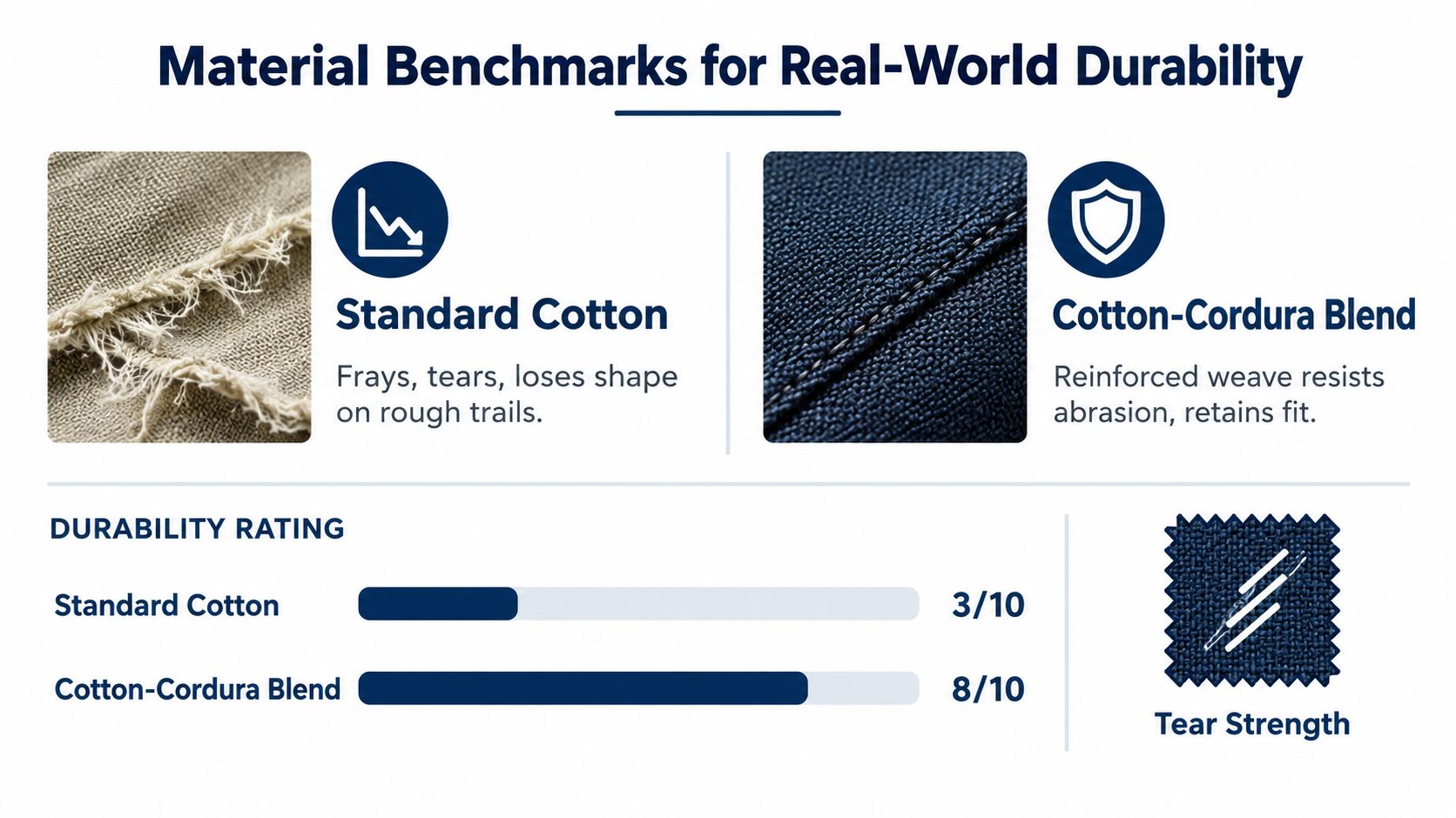 A comparison chart showing that a Cotton-Cordura blend fabric is more durable than standard cotton fabric.
