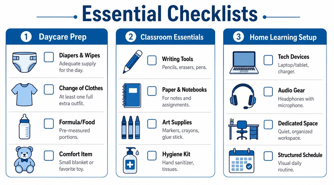 A graphic featuring three essential checklists for daycare preparation, classroom essentials, and a home learning setup.