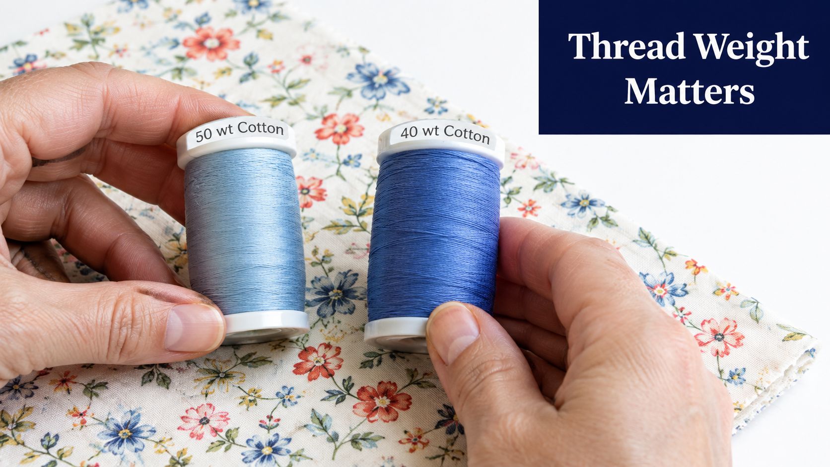 A person holds two spools of blue cotton thread, comparing 50 weight and 40 weight sewing thread.