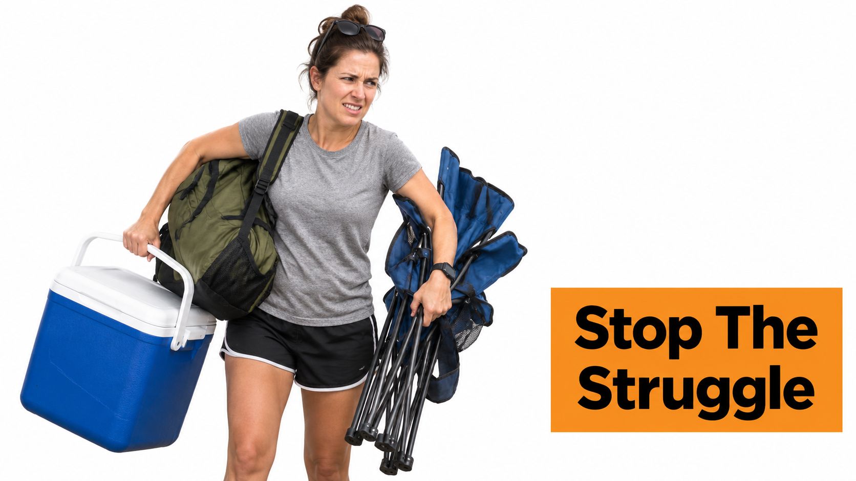 A woman looks frustrated while carrying a large cooler, a heavy backpack, and a folding camping chair.