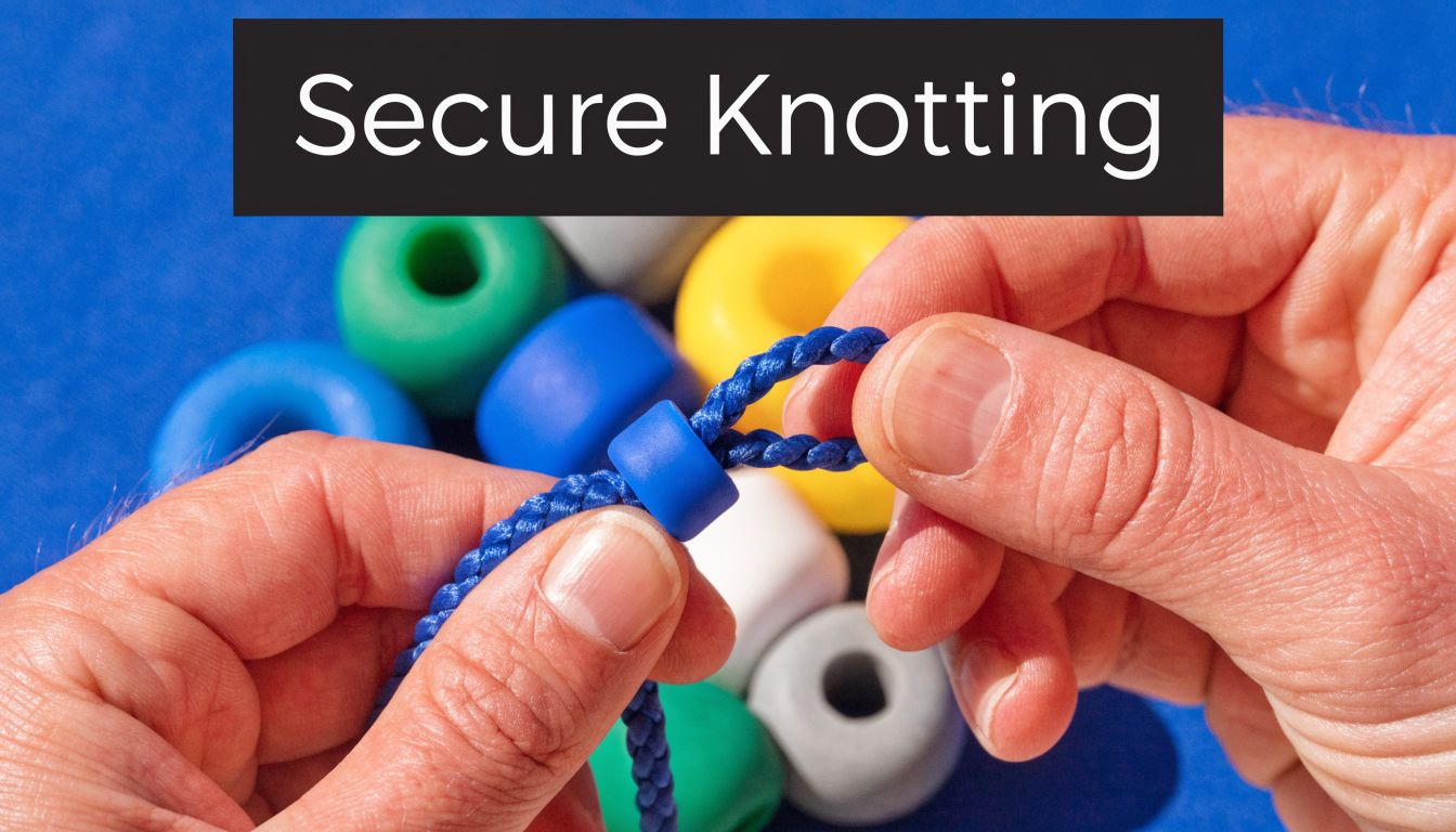 A person's hands securing a loop of blue rope through a small plastic bead for crafting.
