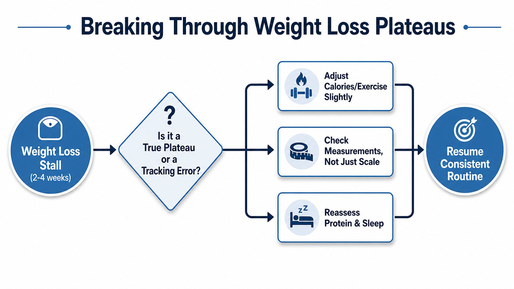 An infographic flowchart explaining steps to overcome a weight loss stall through diet and lifestyle adjustments.